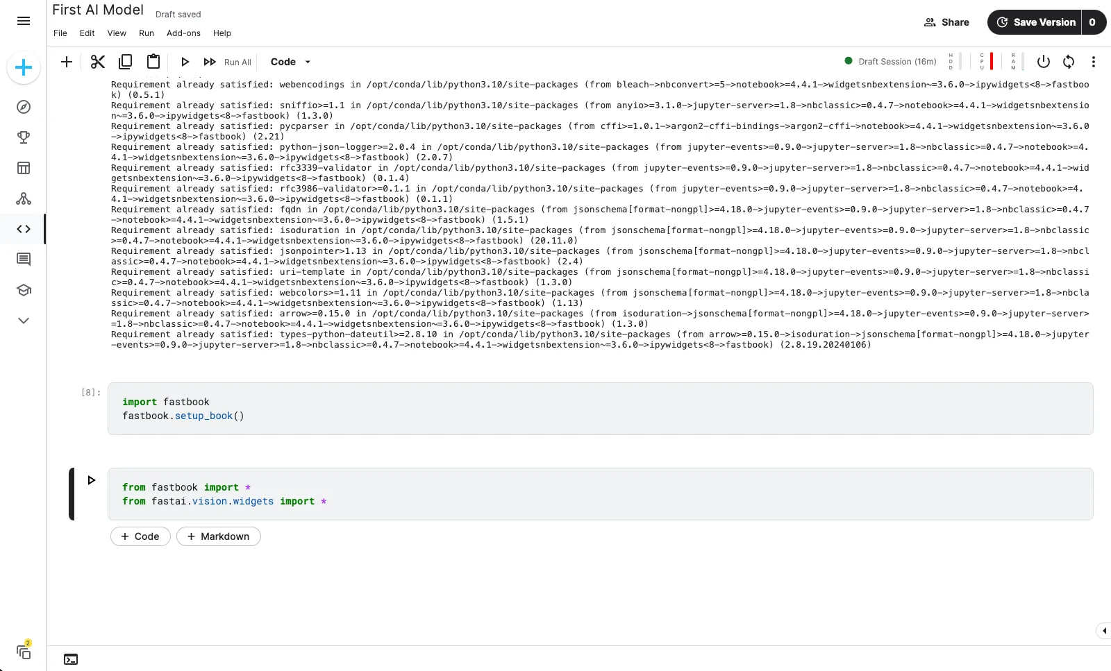 Final initial setup code cell in Kaggle notebook